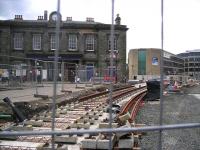 Looking west over newly laid tram tracks towards Haymarket station on 3 August 2012.<br><br>[John Yellowlees 03/08/2012]