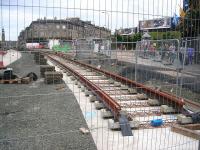 View east along newly laid tram tracks from Haymarket towards Princes Street on 3 August 2012.<br><br>[John Yellowlees 03/08/2012]