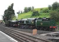Rebuilt Bulleid Pacific no 34053 <I>Sir Keith Park</I> is assisted by GWR 2-8-0 no 2857 on the Severn Valley Railway at Bridgnorth on 2 August 2012.<br><br>[Peter Todd 02/08/2012]