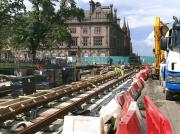 Tram track laying along the eastern side of St Andrew Square, looking north on 6 August 2012.<br><br>[Bill Roberton 06/08/2012]