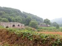 When Kerne Bridge was built in the 1820's it was symmetrical. The <br>
eastern (far) end was raised in the 1870's when the Wye Valley Railway <br>
from Ross to Monmouth was being constructed. Kerne Bridge station (closed 1959) - <br>
visible on the right - is now a private house.<br>
<br>
<br><br>[John Thorn 12/08/2012]