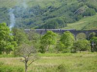 After crossing the morning 'Jacobite' steam service to Mallaig, a twin 156 DMU set pauses briefly on Glenfinnan Viaduct on 20 June 2012, providing passengers with an opportunity to view the wild and wonderful scenery.<br><br>[David Pesterfield 20/06/2012]