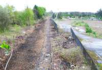 Proposed location of the new Alloa Station, looking east in April 2005. The siding leading off to the right, through the gate, served the former brewery complex, now demolished and the site cleared. A large supermarket and car park is planned for the area in the right background. <br><br>[John Furnevel 07/04/2005]