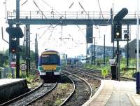 Looking west from Haymarket station in May 2004. In the right background are the south stand of Murrayfield stadium and Haymarket MPD.<br><br>[John Furnevel 07/05/2004]