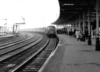 A Leeds - Glasgow Central train entering Kilmarnock in May 1972 behind a 'Peak' type 4 locomotive.<br><br>[John Furnevel 28/05/1972]