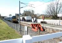 A recently arrived train from Waverley at North Berwick on a surprisingly hot April day in 2002.  <br><br>[John Furnevel 12/04/2002]