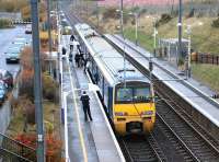 A North Berwick - Waverley train boarding at Musselburgh in November 2002.<br><br>[John Furnevel 12/11/2002]