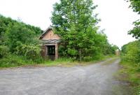 The station forecourt at Newburgh, Fife, in the summer of 2005, looking west. The main station building lies straight ahead, partially hidden amongst the trees, with the Perth - Ladybank line running beyond (part of the surviving platform canopy can just be seen). Ahead and to the right lay the surprisingly large goods yard, with a number of its former buildings now put to commercial use [see image 1624]. The case for reopening the station, which closed to passengers in September 1955, has been taken up recently by a local lobby group. <br><br>[John Furnevel 21/06/2005]