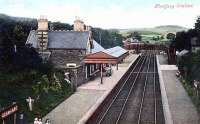 Old hand coloured picture postcard showing Glenfarg station - thought to be looking south. The date on the back is 1908.<br><br>[Craig Seath Collection //1908]