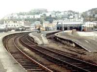 Looking back along the platforms at Oban Station in 1984, showing the abandoned train shed awaiting demolition. Train services by this time used the external platforms 3 and 4. <br><br>[John Furnevel 10/10/1984]