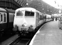 <I>'Pardod by dose...'</I> a depressed looking <I>Bristol Pullman</I>, with modified front-end, stands at Paddington in August 1969.<br><br>[John Furnevel 06/08/1969]