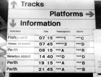 Motorail departure board, Kensington Olympia, 1969. <br><br>[John Furnevel //1969]