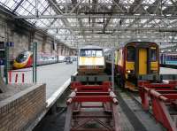 East end of Glasgow Central in 2005 with trains for Euston, Kings Cross and Edinburgh at the buffer stops.<br><br>[John Furnevel 30/07/2005]