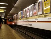 Glasgow Subway train arriving at Buchanan Street in July 2005.<br><br>[John Furnevel 02/07/2005]