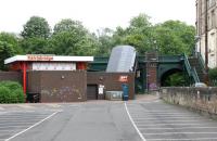 Rear of Kelvinbridge Subway on Great Western Road in July 2005. This car park was once part of the goods yard associated with the GCRs Kelvin Bridge station which was located just off to the left of the picture. [See image 4695]<br><br>[John Furnevel 10/07/2005]