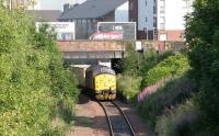 <I>'Sunshine on Leith...'</I>. Shortly after commencing its journey on a July morning in 2005, EWS 37427 brings the Powderhall - Oxwellmains <I>Binliner</I> under Easter Road and through the abandoned and overgrown platforms of the former station.<br><br>[John Furnevel 14/07/2005]