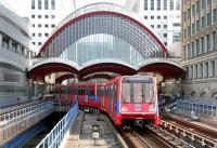 The DLR station at Canary Wharf in July 2005, seen looking south from West India Quay.<br><br>[John Furnevel 22/07/2005]