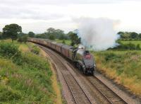 <h4><a href='/locations/H/Hoghton'>Hoghton</a></h4><p><small><a href='/companies/B/Blackburn_and_Preston_Railway'>Blackburn and Preston Railway</a></small></p><p>Nearing the summit at Hoghton on 18th August, no 60009 is working hard with the 12 coach outward <I>'Cumbrian Mountain Express'</I> and an idling Class 47 on the rear. The 3-cylinder beat and chime whistle of the A4 could be heard long before it appeared round the curve. </p><p>18/08/2012<br><small><a href='/contributors/Mark_Bartlett'>Mark Bartlett</a></small></p>