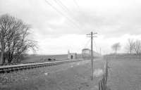 A DMU for Largs operating 'wrong line' slowly passes a PW team engaged in reballasting work near West Kilbride in April 1963. [See image 36606]<br><br>[R Sillitto/A Renfrew Collection (Courtesy Bruce McCartney) 14/04/1963]