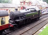 Fairburn 2-6-4T no 42085 brings a train into the platform at Haverthwaite on 7 August 2012.<br><br>[Colin Alexander 07/08/2012]