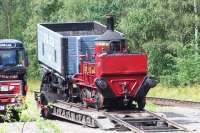 The Head Wrightson Seaham Harbour 0-4-0VBT on a low-loader at Beamish on 22 August 2012, seen from the top deck of a passing tram!<br><br>[Colin Alexander 22/08/2012]