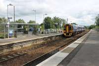 The reopened (and resited) station at Bridge of Allan has fairly basic shelters but a plethora of cameras and information screens. 158735 departs with a Sunday evening service for Edinburgh, next stop Stirling. The station was closed from 1965 to 1985 but now enjoys a regular, seven days a week service.<br><br>[Mark Bartlett 01/07/2012]