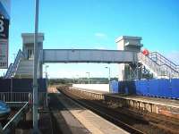 The new footbridge with integral lifts nearing completion at Montrose station on 30 August 2012.<br><br>[John Yellowlees 30/08/2012]