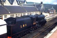 Black 5 No. 5025 pulls into Boat of Garten in 1979 with a train on the Strathspey Railway.<br><br>[Frank Spaven Collection (Courtesy David Spaven) //1979]