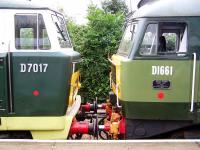 Hymek D7017 meets Brush Type 4 D1661 at Bishops Lydeard on 2 September 2012.<br><br>[Colin Alexander 02/09/2012]