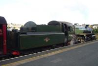 BR Class 4MT 4-6-0 no 75029 <I>'The Green Knight'</I>, built at Swindon Works in 1954 and purchased by artist and steam enthusiast David Shepherd following its withdrawal by BR in 1967. Now owned by the NYMR the locomotive is seen here at Whitby  on 1 September 2013, awaiting its departure time with a train for Grosmont. Definitely looking much better than it did for much of 2010... [see image 28429].<br><br>[John Steven 01/09/2012]