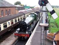 6960 <I>Raveningham Hall</I> brings a train into Williton on 2 September 2012.<br><br>[Colin Alexander 02/09/2012]