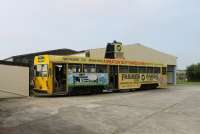 Blackpool <I>Centenary</I> tramcar 644 was retired in 2011,along with the rest of its classmates. Since 2002 it had advertised Farmer Parrs Animal World at Broadwater near Fleetwood and has gone there with a view to it becoming a gift shop and cafe. It is seen here on site awaiting conversion to its new role. [See image 31291] for the same tram in service in 2010. <I>Centenary</I> 648 has been retained in the Blackpool and Fleetwood heritage fleet but the other seven tramcars in that class have all found new homes. <br><br>[Mark Bartlett 08/09/2012]