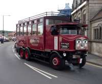 Steam bus <I>'Elizabeth'</I>, converted from an original 1931 Sentinel steam wagon, photographed on 1 September 2012 during one of her regular sightseeing tours around the town of Whitby. Northern Star<br><br>[John Steven 01/09/2012]