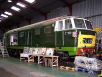 Hymek D7018 receiving attention at Williton on the West Somerset Railway in September 2012. <br><br>[Colin Alexander 02/09/2012]