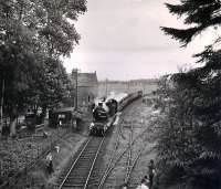 54485 stops at Abercairny with the westbound 1960 RCTS/SLS Joint Scottish Tour heading for Comrie via Crieff.<br><br>[WA Camwell (Copyright Stephenson Locomotive Society) 15/06/1960]