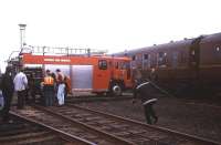 Ministry of Defence (Kineton) Fire Service to the recue. The 'emergency' involves the provision of water for a steam special at Burton Dassett (nearby the original station at Warwick Road), Warwickshire, in April 1993.  <br><br>[Ian Dinmore /04/1993]