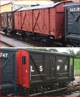 Restored goods vehicles on the West Somerset Railway in the sidings at Washford on 2 September 2012. The collection includes a former GWR fruit van and LSWR brake van. <br><br>[Colin Alexander 02/09/2012]