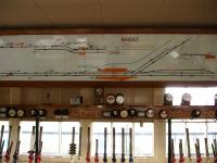 The Barry Station signal box route panel and indicator shelf on 12 September 2012. Commissioning of a resignalling scheme means time is running out for the old box, with a demolition planning notice currently pinned to the locking room door. <br><br>[David Pesterfield 12/09/2012]