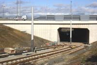 The new tram tunnel under the A8 as seen from the north west corner of the Gyle Shopping Centre car park on 2 October 2012. Gogar interchange ('Edinburgh Gateway') will stand on the other side of the tunnel. [See image 40193].<br><br>[Bill Roberton 02/10/2012]