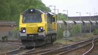 Freightliner class 70 no 70010 on 4S08, an unusual move from Ferrybridge to New Cumnock, normally a DB Schenker loading point, moves its train out of the long lyes on its way south<br><br>[Ken Browne 13/06/2012]