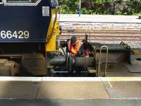 DRS class 66 no 66429 on 4Z28 conflats from Motherwell TMD to Barclay works for overhaul couples up after running around in the station prior to entering the works.<br><br>[Ken Browne 09/08/2012]