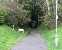 A view east from the top of the 1:35 bank that runs through the deep tree lined cutting down to the Campbeltown quayside. The notice board alongside the footpath gives information about the community woodland but unfortunately makes no mention that this is the track of the old light railway line. <br><br>[Mark Bartlett 13/10/2012]