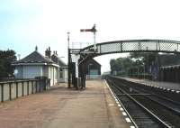 Platform view west towards Inverness from Nairn station in 1979.<br><br>[Ian Dinmore //1979]