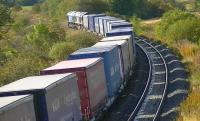 DRS class 66 no 66428 leading classmate 66425 past Magiscroft near Cumbernauld on 6 October 2012 with Intermodal working 4M16.<br><br>[Ken Browne 06/10/2012]