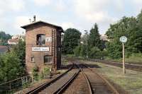 Photograph taken from the leading vehicle of a former DR Ferkeltaxi (piglet taxi) comprising power car No. 772 015 and trailer No. 972 615. This is the view as the set departs from Sebnitz in June 2001 while working the 08.30 Neustadt (Sachsen) to Bad Schandau. [See image 41299]<br><br>[Bill Jamieson 26/06/2001]
