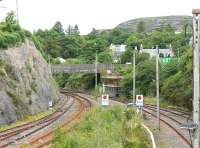 Looking north from the station approach bridge at Kyle in July 2012 it appeared at first as if the signal box was surrounded by scaffolding. In fact there was just an empty space inside the poles and planks as it has been removed by the <I>Friends of the Kyle Line</I> for restoration. [See image 26328] <br><br>[Mark Bartlett 11/07/2012]