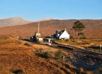 Loooking north towards Corrour Station in the early morning sun on 27 October. The old station house is now a restauraunt and very welcoming with good food.<br><br>[John Gray 27/10/2012]