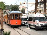One of the Port Soller street trams photographed 'interacting' with road traffic and pedestrians on 19 October 2012. <br><br>[Peter Todd 19/10/2012]