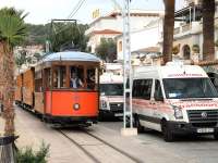 One of the Port Soller street trams photographed 'interacting' with road traffic and pedestrians on 19 October 2012. <br><br>[Peter Todd 19/10/2012]