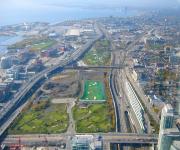 View west from Toronto's CN tower in October 2003 with Toronto Union Station behind the camera. The stabled trains are 'GO Transit' stock, only used during the morning and evening peaks.<br>
<br>
<br><br>[John Thorn /10/2003]